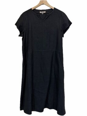 Flax Linen Midi Dress Black Short Sleeves Womens S